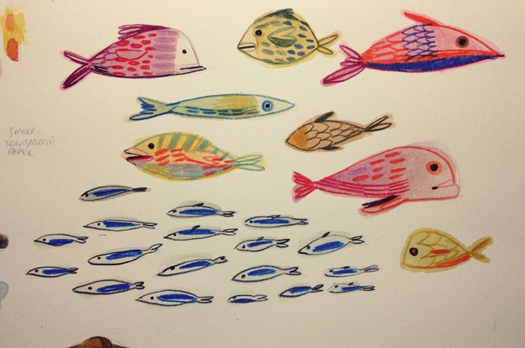 a child's drawing of different colored fish