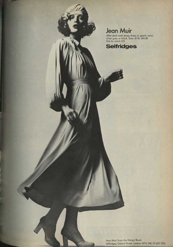 vogue '73 Jean Muir Fashion, 1973 Fashion, 70s Womens Fashion, 1970 Fashion, Jean Muir, Joanna Lumley, Vogue Editorial, College Stuff, 70’s Fashion