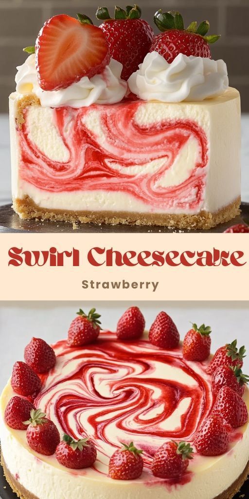 Strawberry Swirl Cheesecake Ingredients: For the Graham Cracker Crust: 1 1/2 cups graham cracker crumbs 1/3 cup melted butter 1/4 cup sugar For the Cheesecake Filling: 4 packages (32 oz) cream cheese, softened 1 1/4 cups sugar 1 teaspoon vanilla extract 4 large eggs 1 cup sour cream #Strawberry #Swirl Raspberry Swirl Cheesecake Recipes, Fresh Strawberry Cheesecake Recipe, Strawberry Swirl Cheesecake Recipe, Baked Strawberry Cheesecake, Fruity Cheesecake Recipes, Cheesecake Recipes Strawberry, Strawberry Cheesecake Topping, Strawberry Cheesecake Recipes, Strawberry Cheesecake Cups Recipe