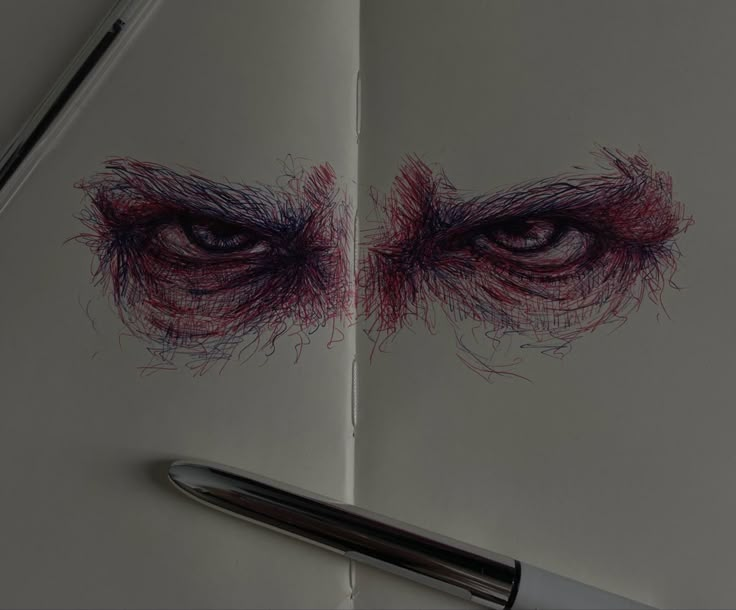 an open book with two eyes drawn on it and a pen next to the pages