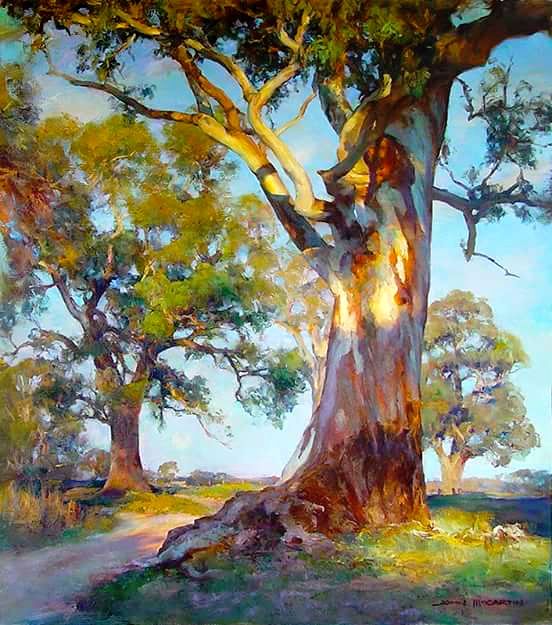 an oil painting of a tree on the side of a road with sun shining through it