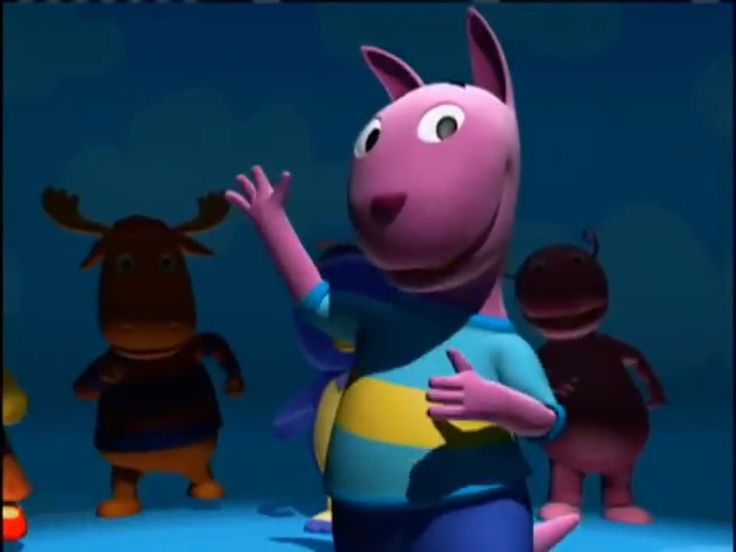 an animated character is standing in front of three other characters, one holding his hand up