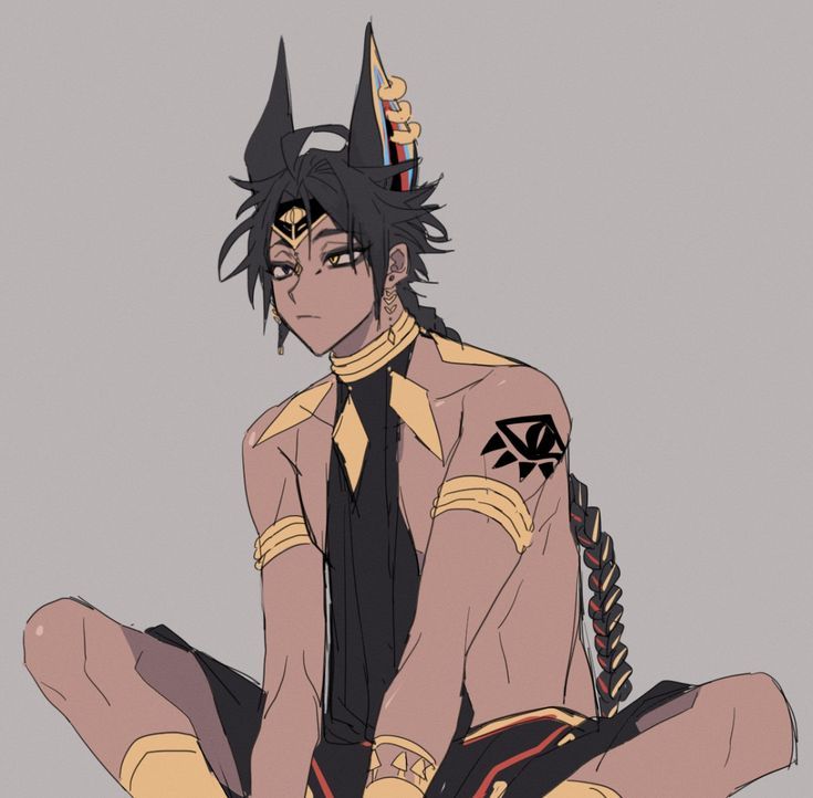 an anime character is sitting on the floor with his legs crossed and wearing black hair