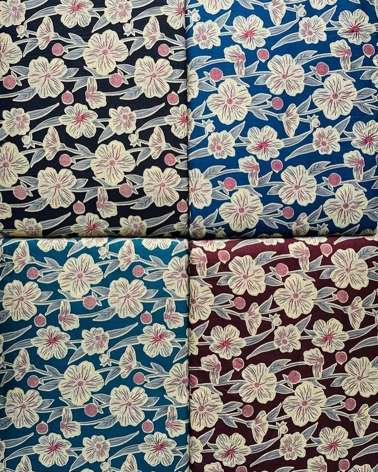 four different types of fabric with flowers on them, all in various colors and patterns