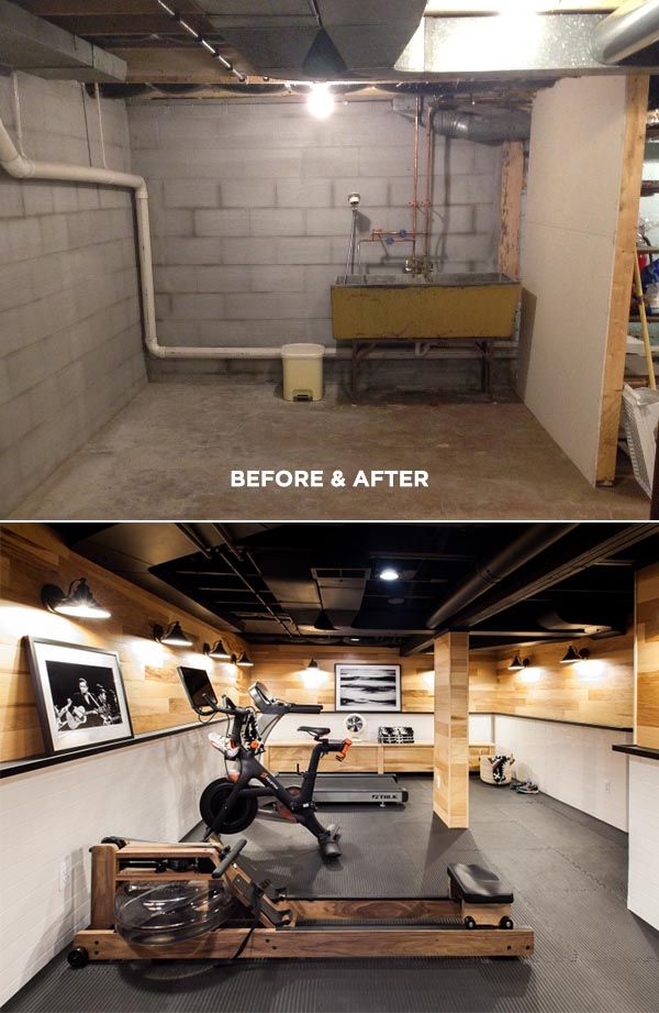 before and after photos of basement remodeling in an industrial building with exposed pipes