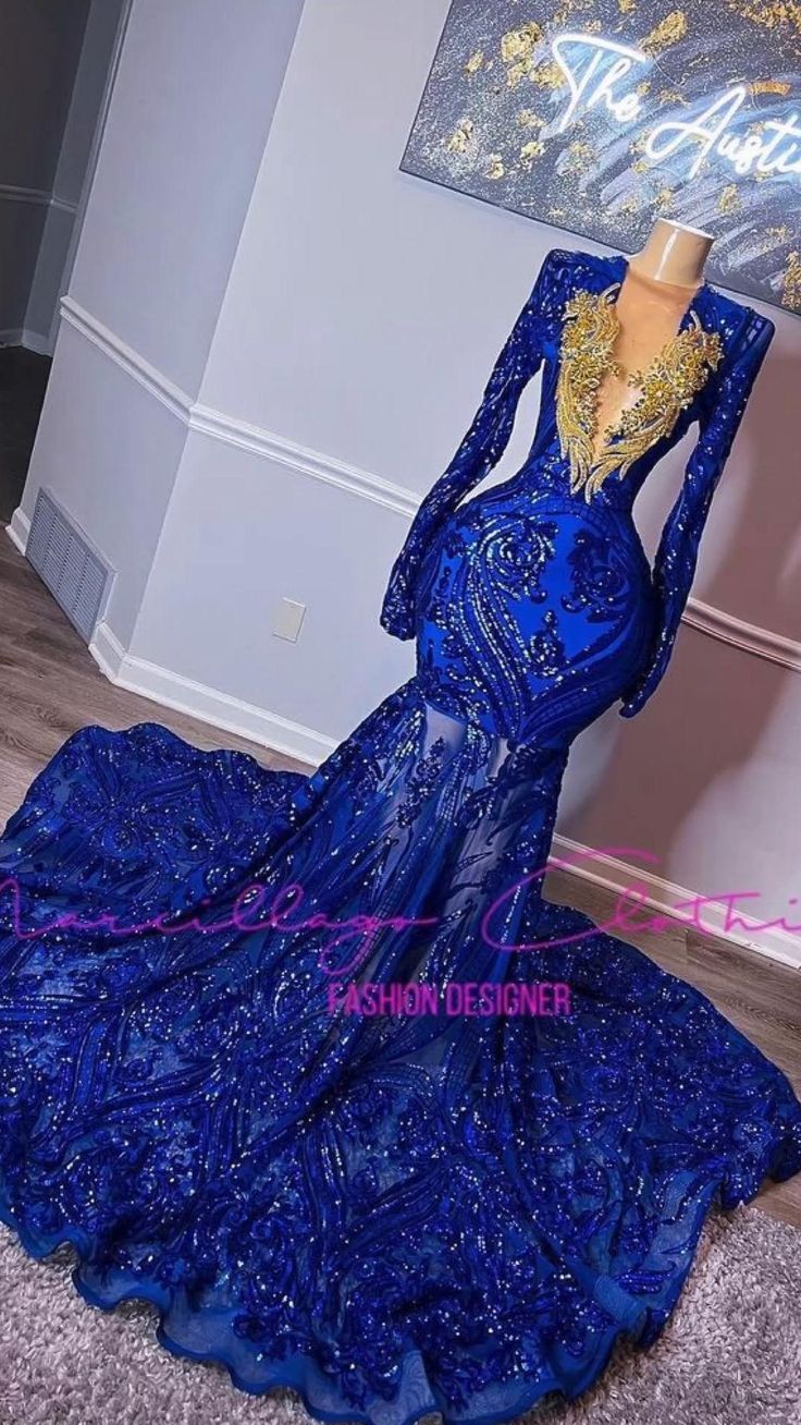 Blue Gold Prom Dress, Navy Blue And Gold Prom Dress, Blue Prom Dress Long Sleeve, Blue And Gold Prom Dress, Glam Prom Dresses, Royal Blue Mermaid Prom Dress, Dark Blue Prom Dresses, Prom 2k24, Debs Dresses