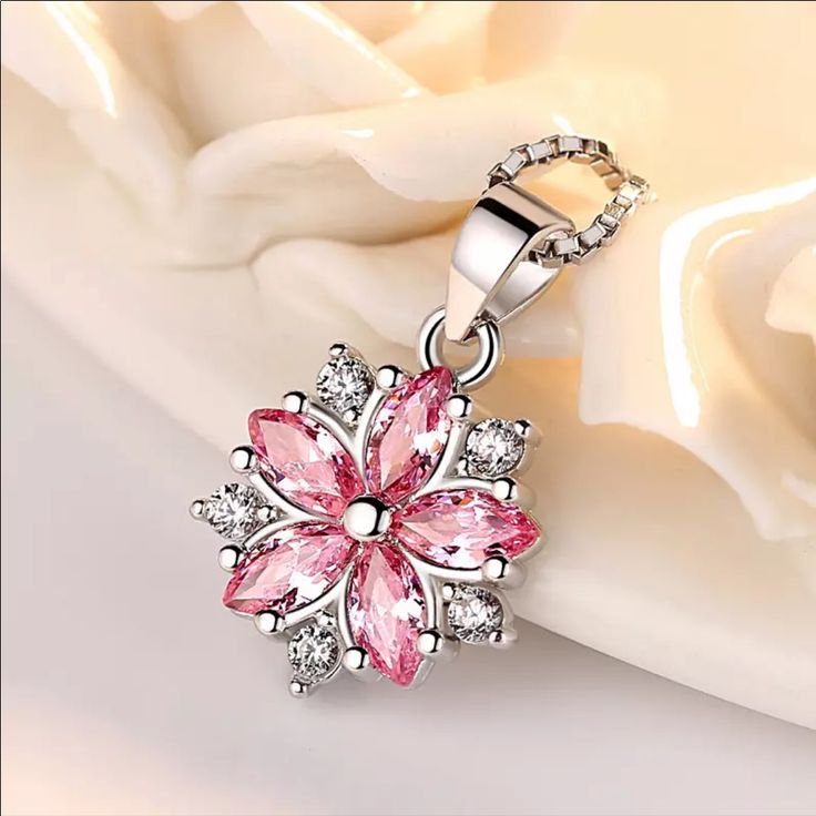 Cubic Zirconia Necklace, Long Chain Necklace, Flower Pendant Necklace, Sterling Silver Flowers, Crystal Flower, 925 Silver Jewelry, Silver Chain Necklace, Metal Necklaces, Pink Crystal