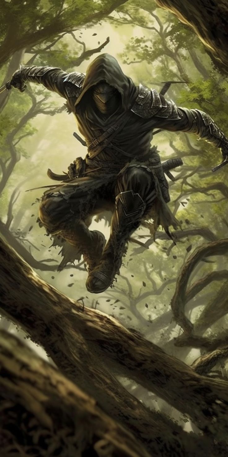 a painting of a man in the middle of a forest holding onto a tree branch