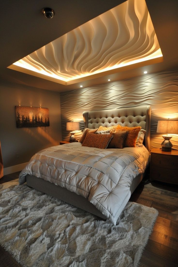 a large bed sitting in a bedroom on top of a hard wood floor