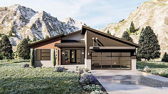 a rendering of a house with mountains in the background