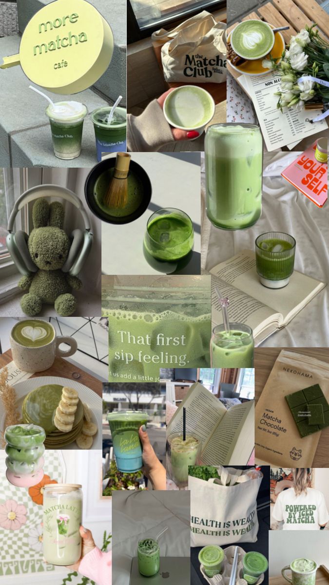 there is a collage of pictures with green items in them and on the table