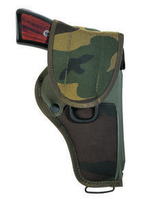 a camouflaged holster with a wooden handle