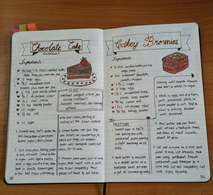 an open recipe book with pictures of cakes