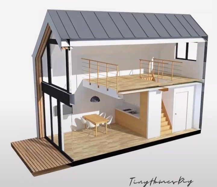 a house with two floors and a balcony on the second floor is shown in this 3d image