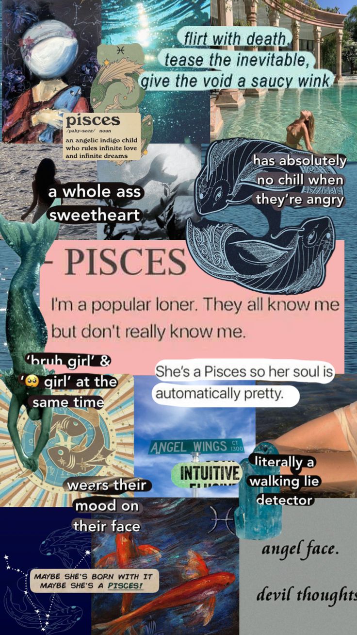 a collage of images with words and pictures on them, including the word pisces