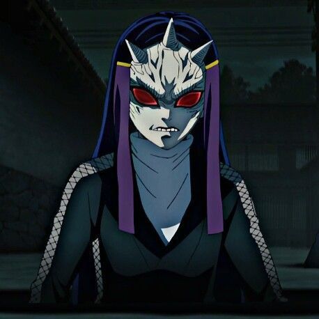 an anime character with red eyes and purple hair wearing a black outfit, standing in front of a dark background