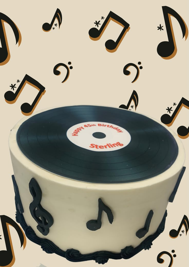 a record cake with musical notes around it