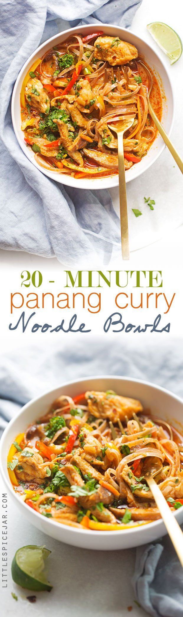 the cover of 30 minute panang curry noodle bowl with chopsticks in it