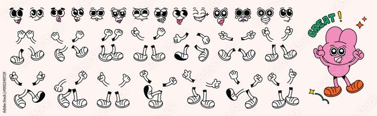 an image of cartoon characters with different facial expressions and numbers on their faces, all in black and white