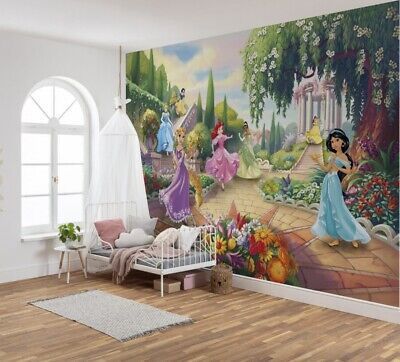 the wallpaper in this room is painted with disney princesses and their garden scene