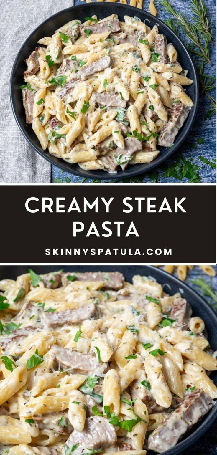 creamy steak pasta in a skillet with cheese and parsley on the side, topped with