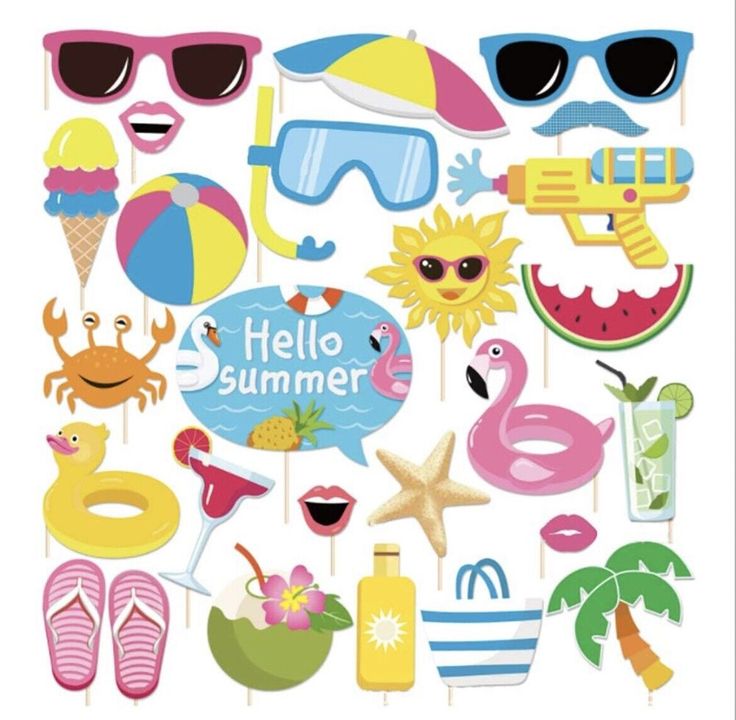 an assortment of summer photo props including sunglasses, watermelon, flamingos and other items