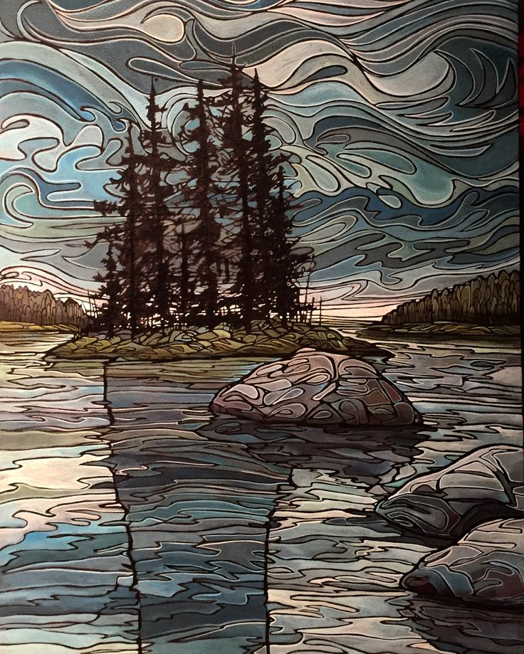 a painting of a lake with trees in the background and clouds above it, as well as an island