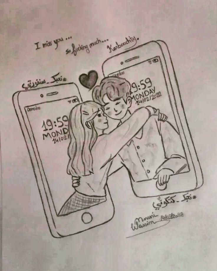 a drawing of two people hugging in front of an iphone