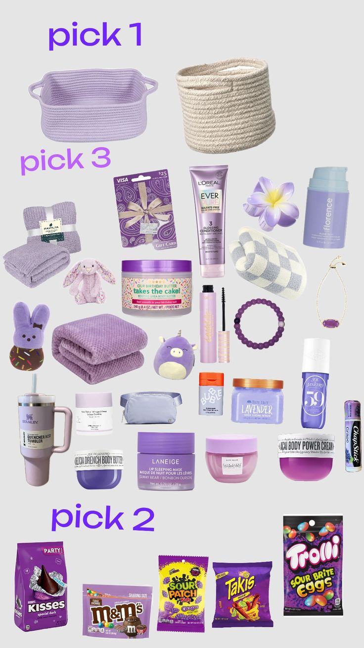 the contents of a purple bag are shown in this graphic above it's description