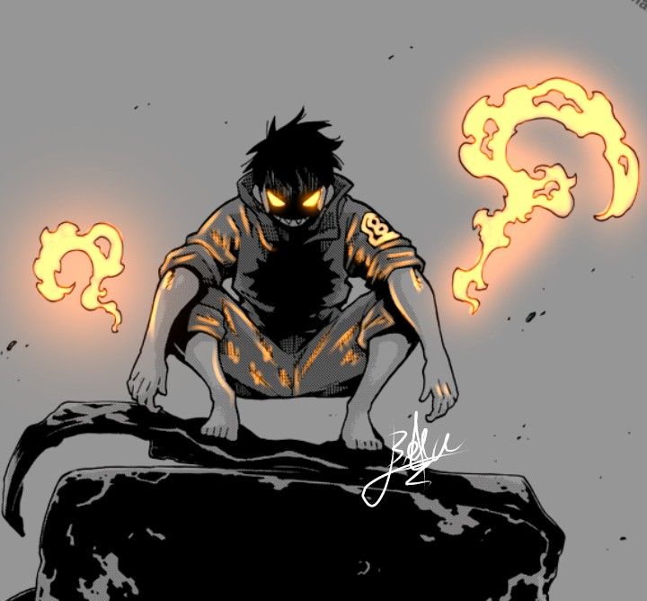 a drawing of a person sitting on top of a rock with flames coming out of their eyes