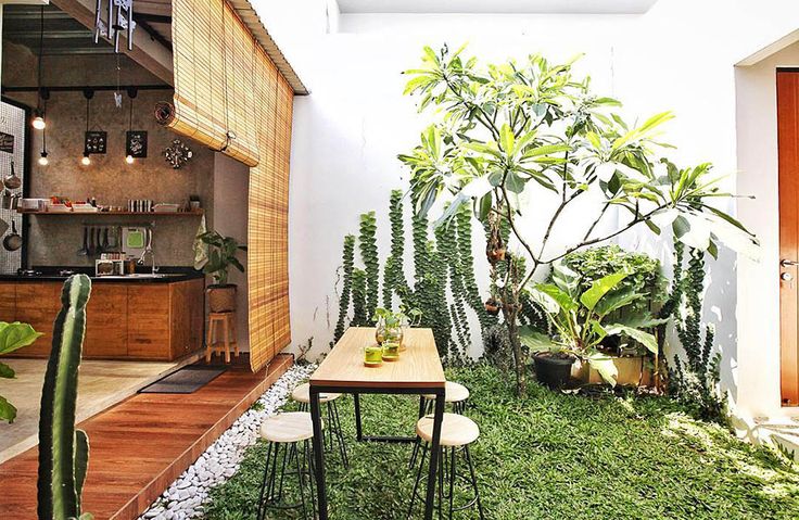 an outdoor dining area with green grass and potted plants on the table, next to a kitchen