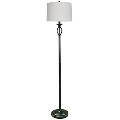 a black floor lamp with a white shade on the top and an iron pole base