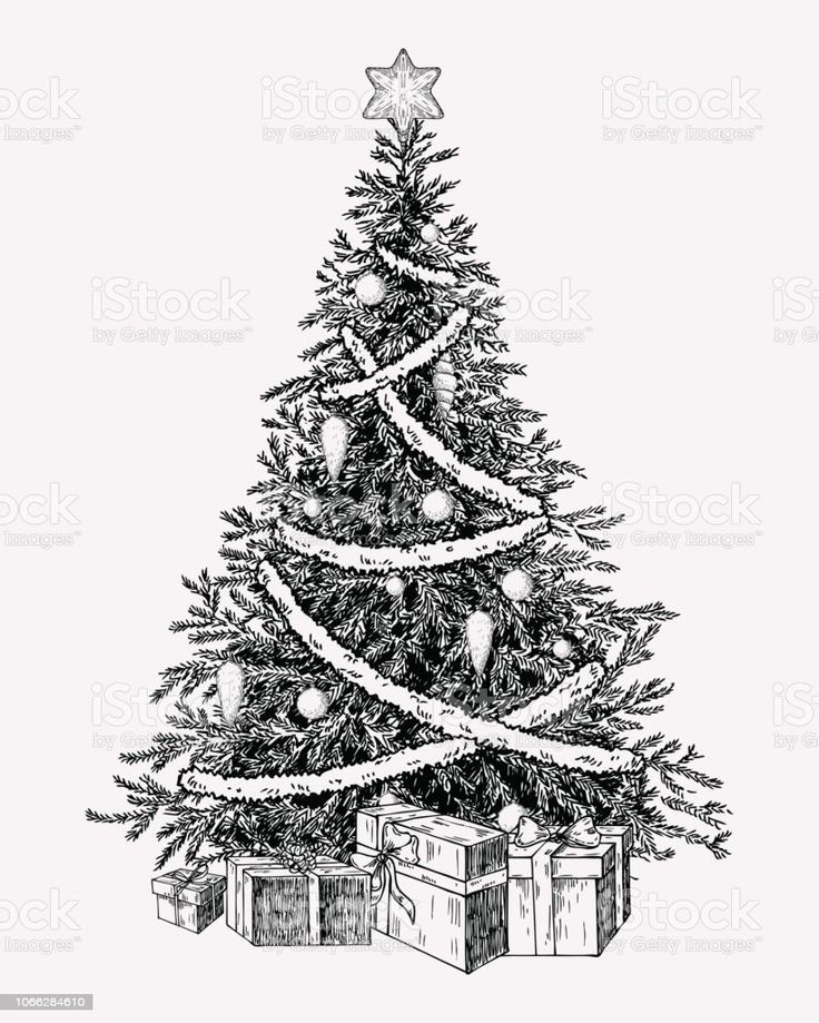 a black and white christmas tree with presents under it royalty - art iste illustration