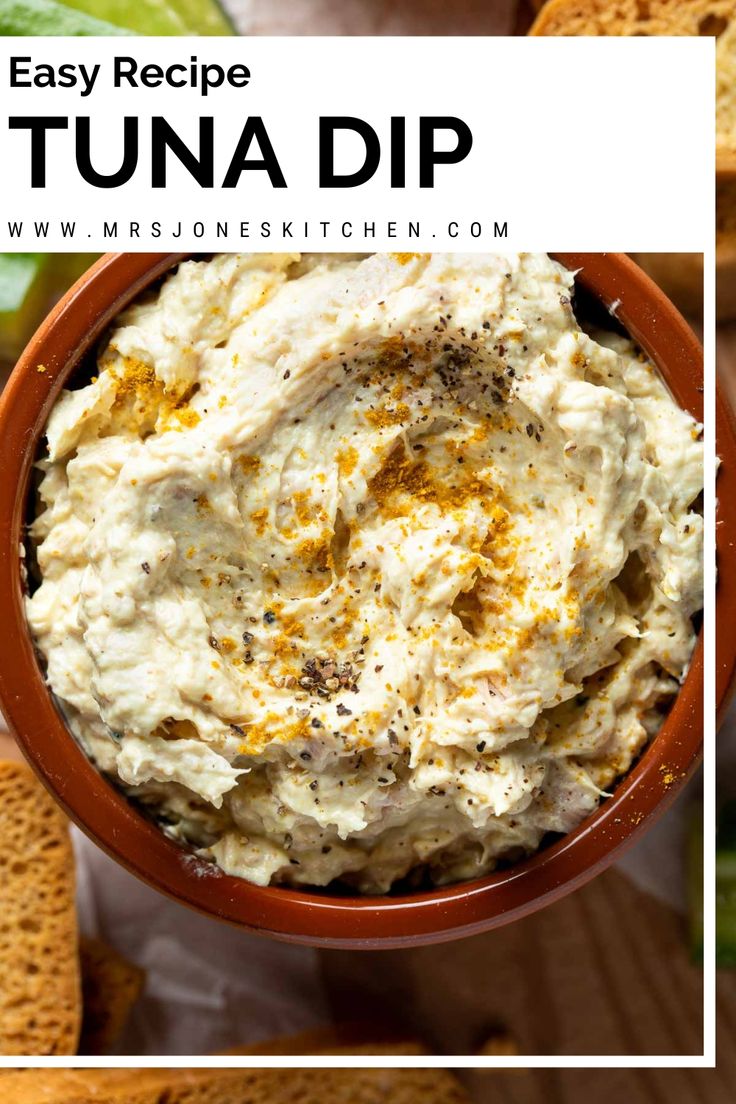 A terracotta bowl filled with tuna dip, sprinkled with curry powder. Tuna Cream Cheese, Smoked Salmon Pate, Tuna Dip, Tuna Dishes, Canned Tuna Recipes, Sour Cream Dip, Pantry Ingredients, Potato Crisps, Cream Cheese Dips