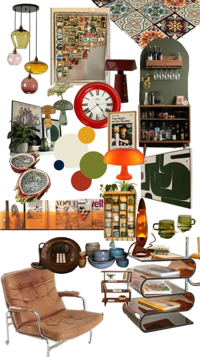 a collage of furniture and decor in various colors, shapes, and sizes is shown