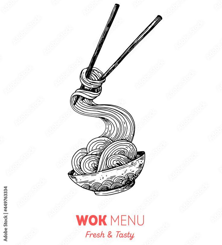 a bowl of noodles with chopsticks in it and the words wok menu