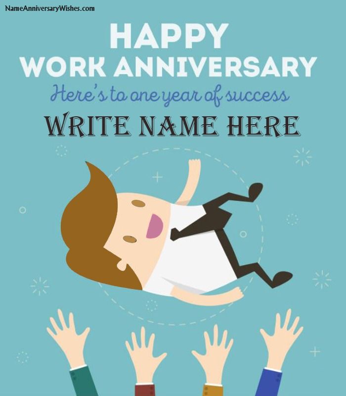 happy work anniversary card with an image of a man falling off his back and hands in the air