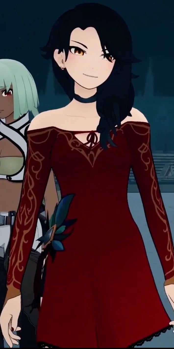 two anime characters standing next to each other in front of a dark background, one wearing a red dress