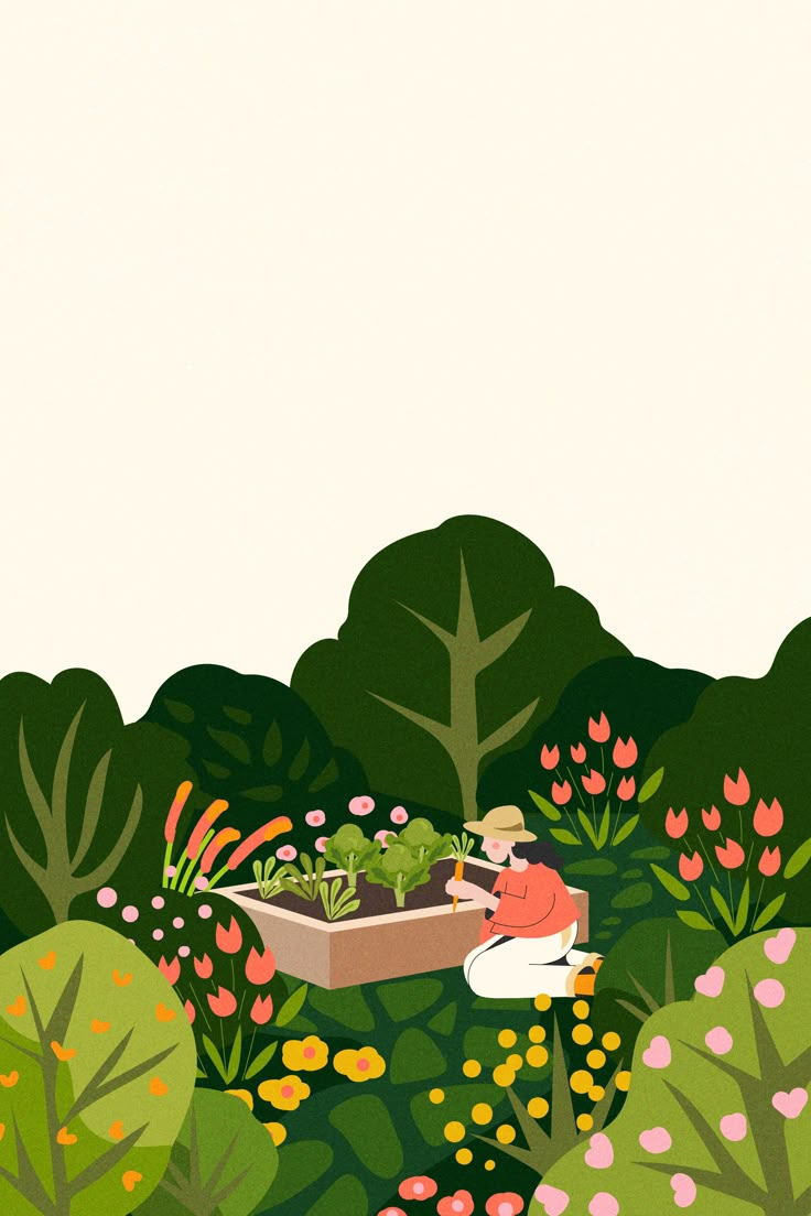 an illustration of a garden with flowers and plants