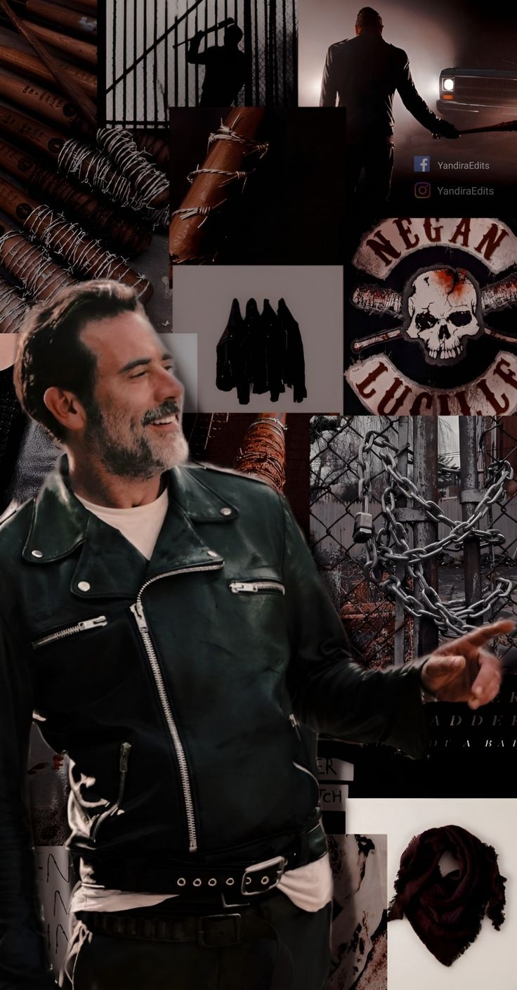 a collage of photos with a man in leathers and other things on display