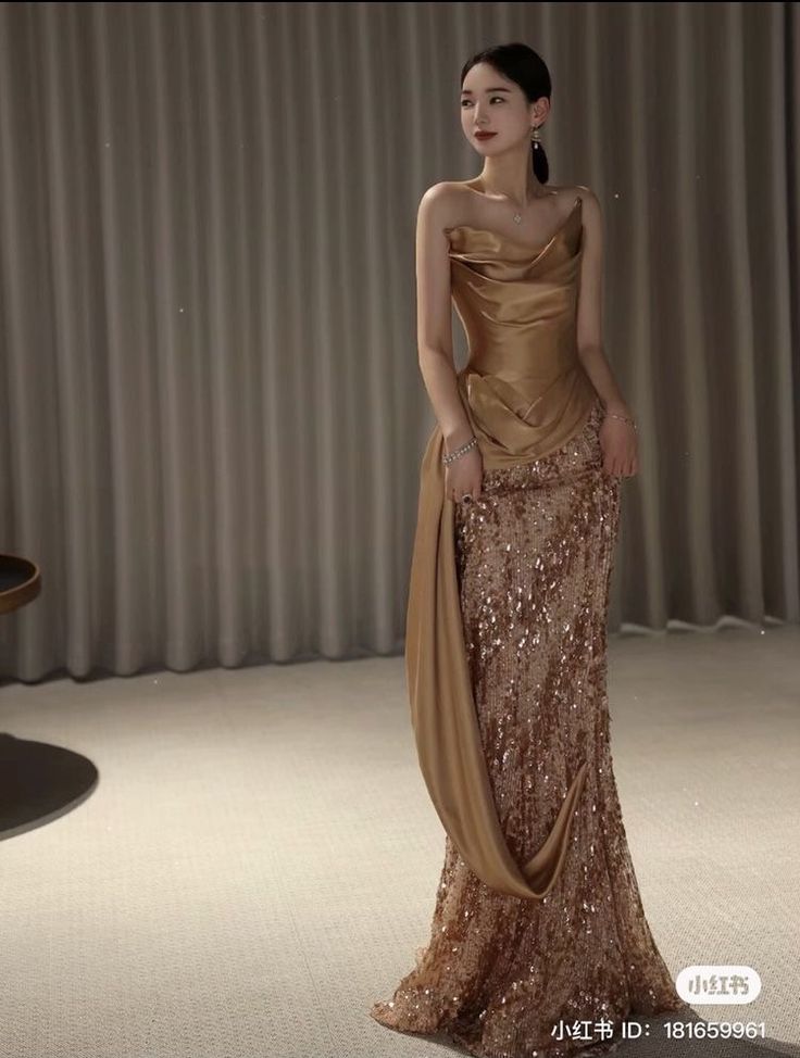 Gilded Glamor Dresses, Iconic Dresses Fashion, Opulence Aesthetic Outfit, Aesthetic Gold Dress, Crazy Rich Asians Gown, Gold Gowns Elegant, Gold Gowns Elegant Classy, Gold Dress Aesthetic, Crazy Runway Fashion