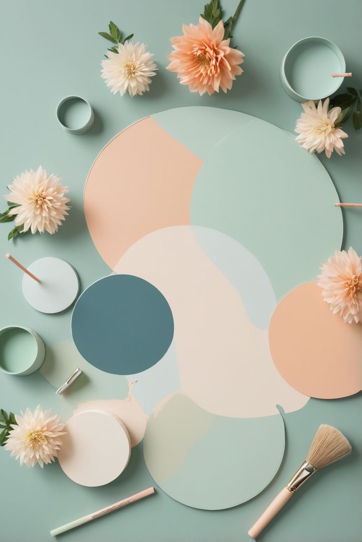 an overhead view of paint, brushes and flowers on a blue tablecloth with pastel colors