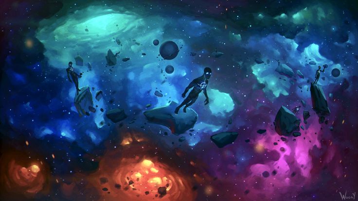 an image of some people in the sky with planets and stars around them, as well as clouds