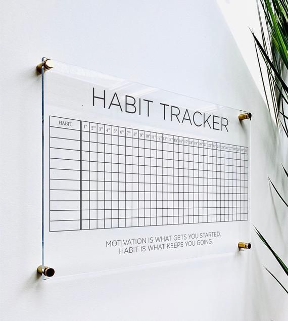 a white wall with a sign that says habit tracker hanging on it's side