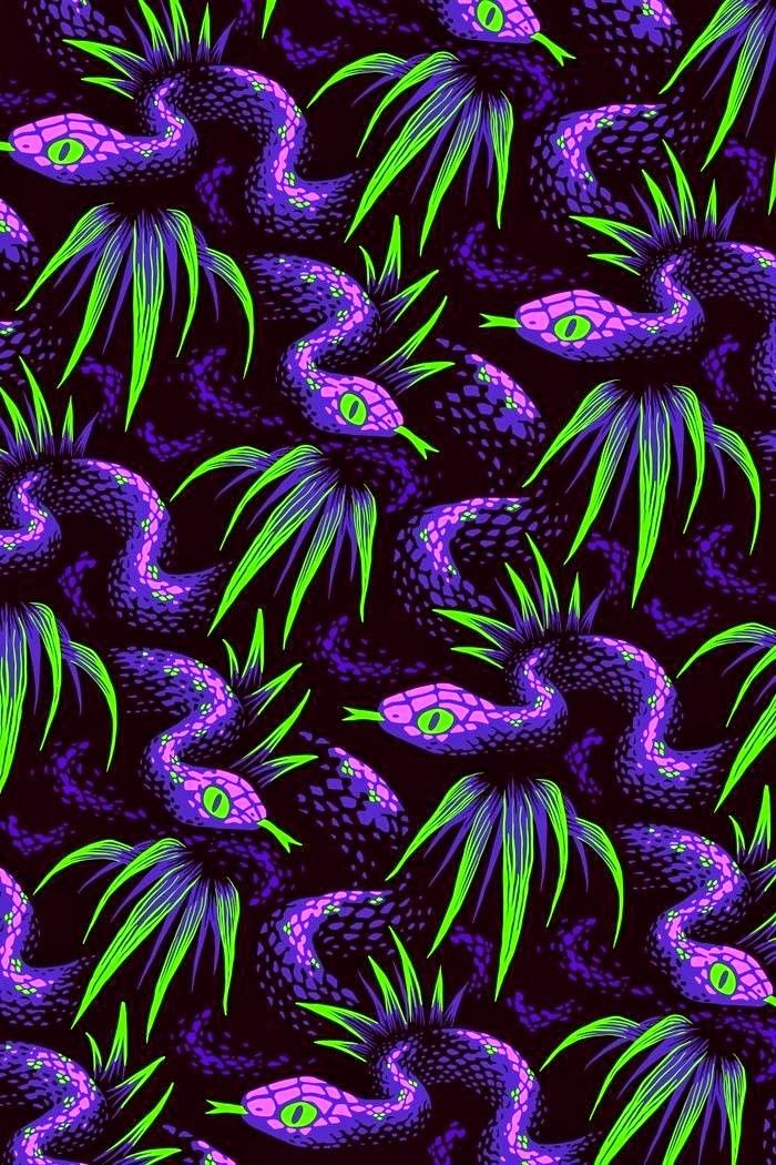 a purple and green pattern with pineapples in the foreground, on a dark background