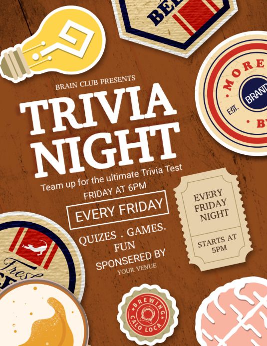 the poster for trivia night is shown with various badges and stickers on it