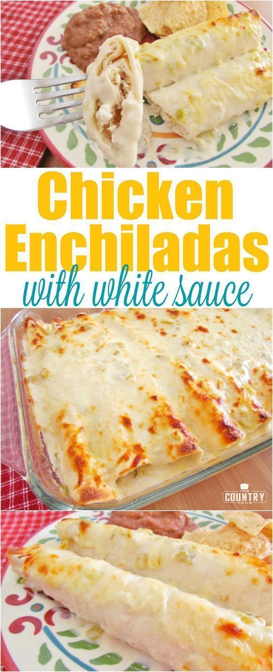 chicken enchiladas with white sauce in a casserole dish on a plate