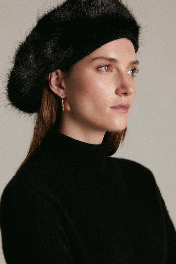 Faux Fur Beret Beret Black, Beret Fashion, Hat Collection, Black Faux Fur, Karen Millen, Fashion Face, Dark Academia, Black Coat, Headpiece