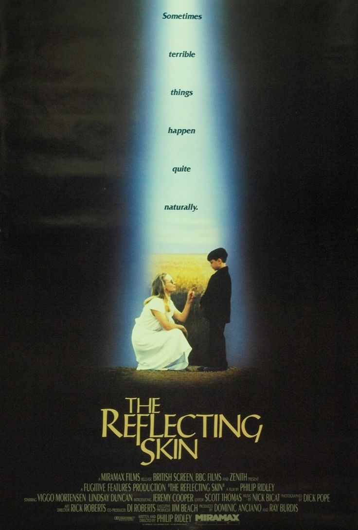 a movie poster for the reflecting skin with two people standing in front of a light beam