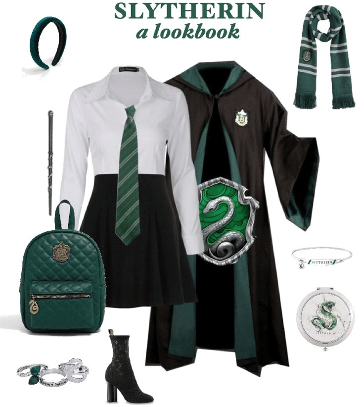 a harry potter outfit is shown with accessories including a sly hat, scarf and backpack